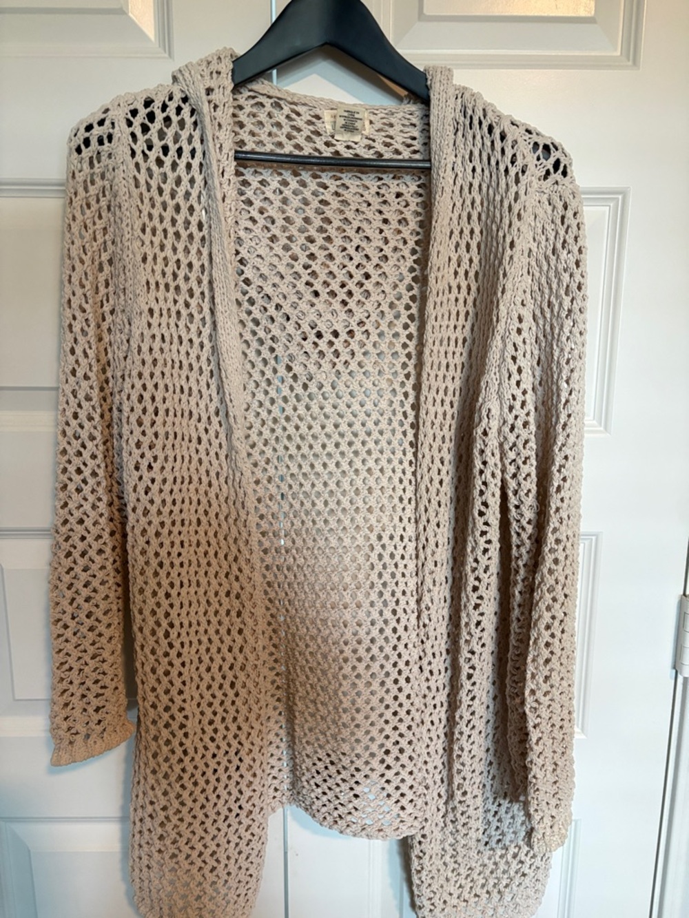 Open-Weave Hooded Cardigan in Light Taupe